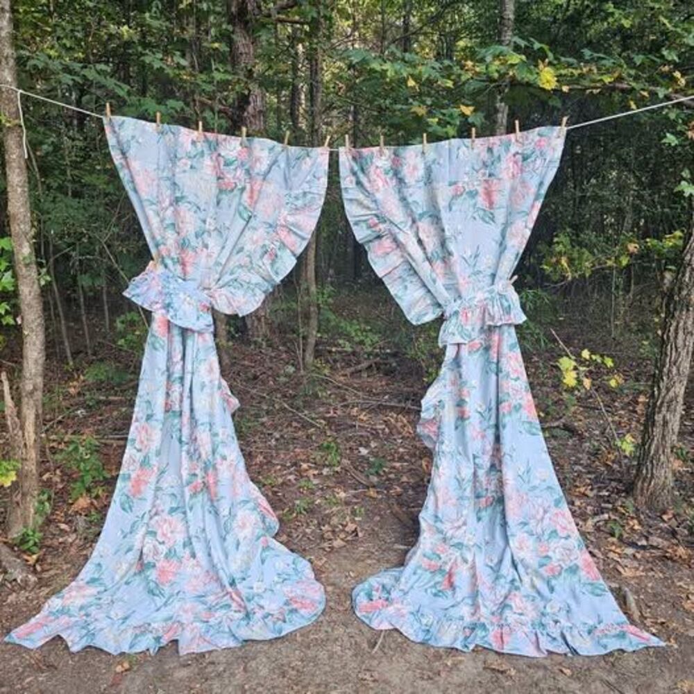 Vintage Crown Crafts Blue Floral Rose Curtains Ruffled Panels Tie Backs 42x85